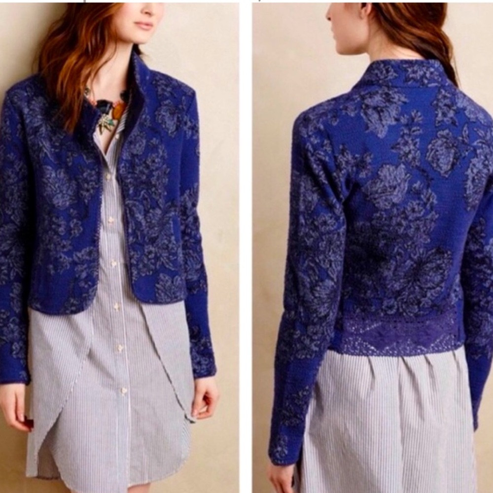 Sahalie Blue Tonal Floral Tapestry Open Jacket L